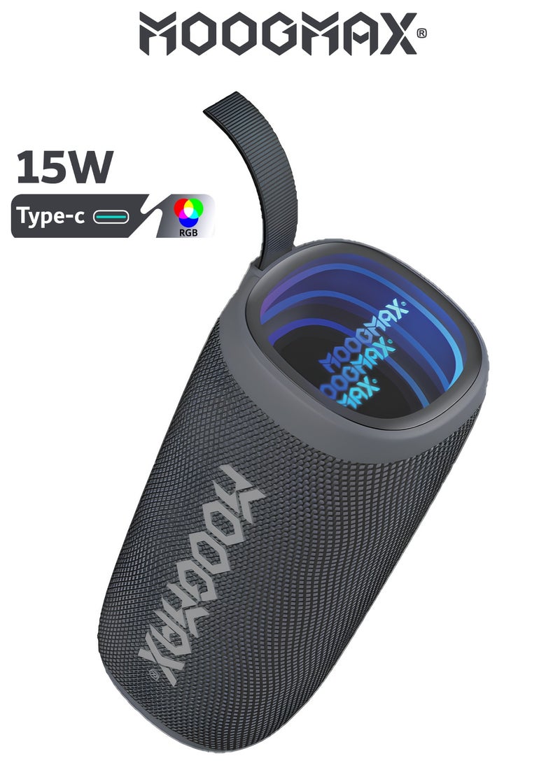 MOOGMAX Bluetooth Speaker MX-SP018. High definition speaker bluetooth soundbox with Extreme Bass. Features interactive lighting effects. Waterproof fabric sound box with IPX8 rating. portable speaker Includes an external memory card slot, USB flash drive input, AUX input, and Type C charging port. party speaker with Wireless range up to 10 meters. Grey. - Image 1